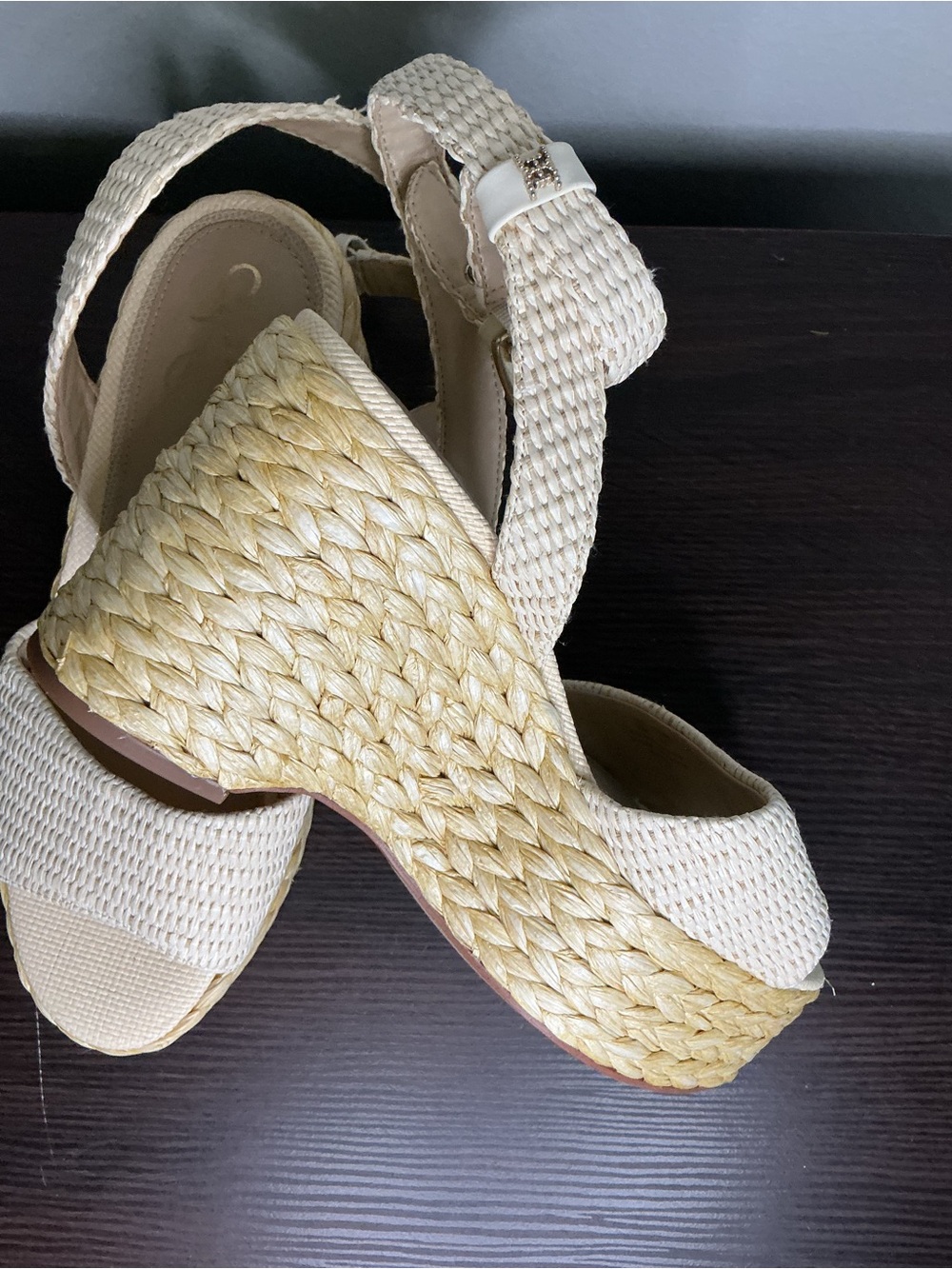 Sam Edelman April Espadrille Wedge Sandal Linen Raffia Cream Size 9